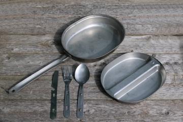catalog photo of vintage mess kit, folding aluminum pan w/ utensils, camp cookware for backpacking