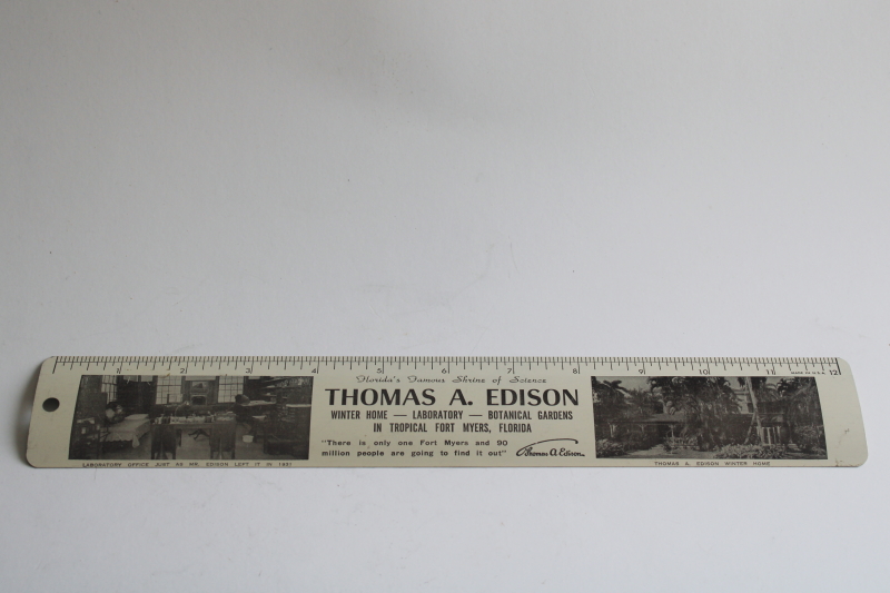 photo of vintage metal advertising ruler, souvenir Thomas Edison Fort Myers Florida winter home laboratory  #1