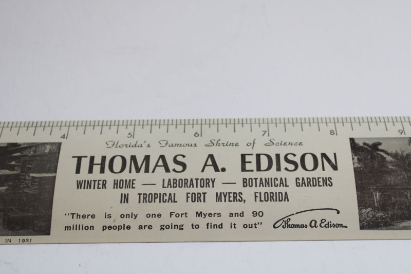 photo of vintage metal advertising ruler, souvenir Thomas Edison Fort Myers Florida winter home laboratory  #2