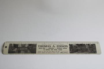 catalog photo of vintage metal advertising ruler, souvenir Thomas Edison Fort Myers Florida winter home laboratory 