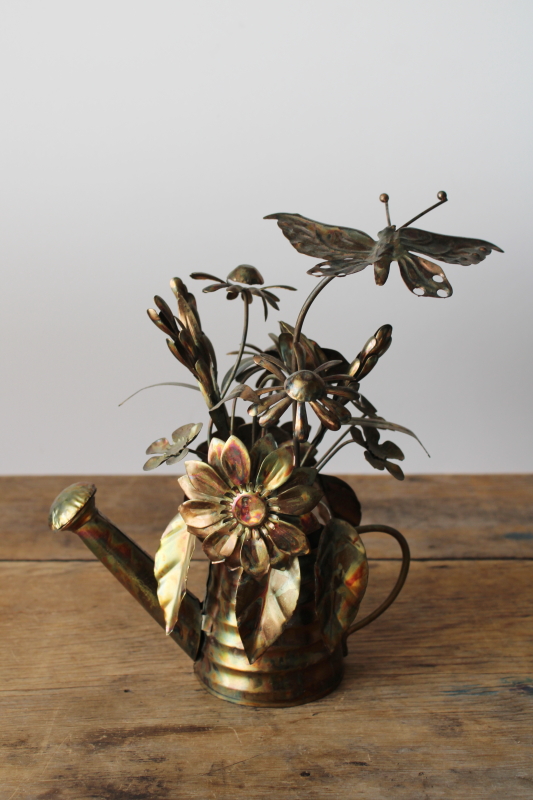 photo of vintage metal art music box Waltz of the Flowers butterfly & flower bouquet in watering can  #1
