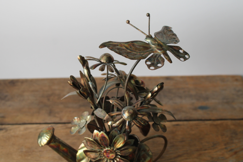 photo of vintage metal art music box Waltz of the Flowers butterfly & flower bouquet in watering can  #2