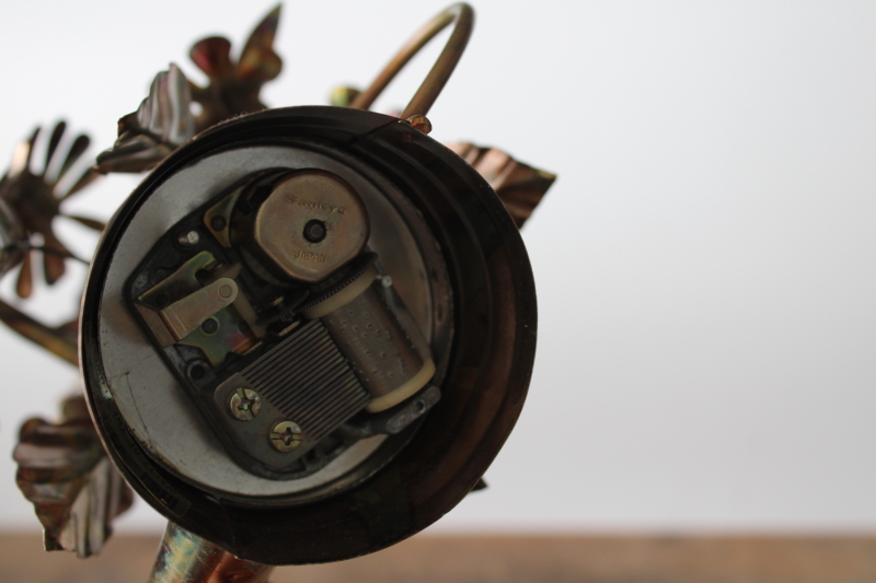 photo of vintage metal art music box Waltz of the Flowers butterfly & flower bouquet in watering can  #3