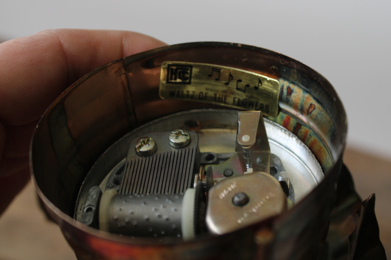 photo of vintage metal art music box Waltz of the Flowers butterfly & flower bouquet in watering can  #4