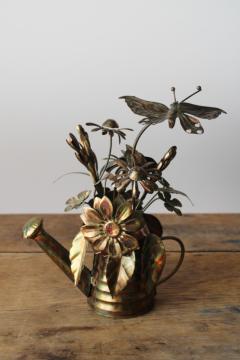 catalog photo of vintage metal art music box Waltz of the Flowers butterfly & flower bouquet in watering can 