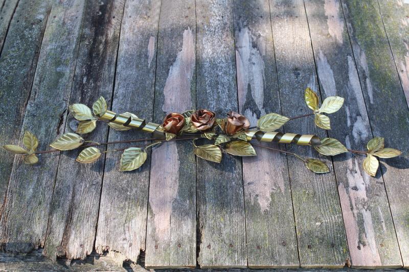 photo of vintage metal art wall hanging, golden brass rose leaf branches w/ copper roses #1