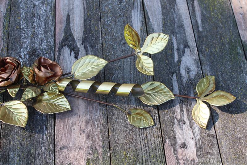 photo of vintage metal art wall hanging, golden brass rose leaf branches w/ copper roses #3