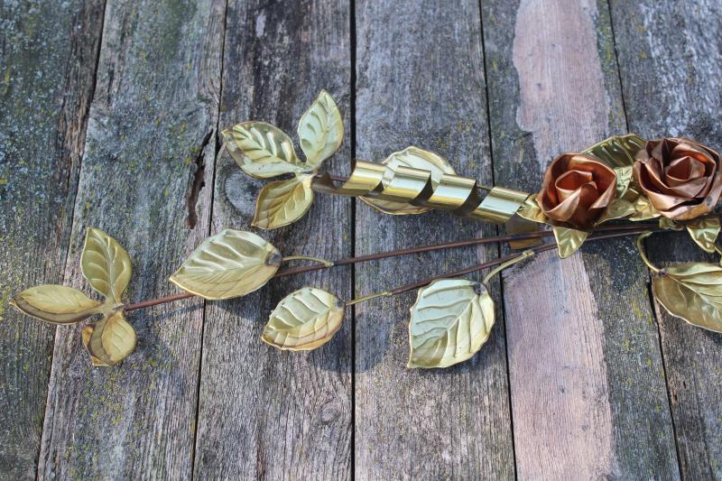 photo of vintage metal art wall hanging, golden brass rose leaf branches w/ copper roses #4