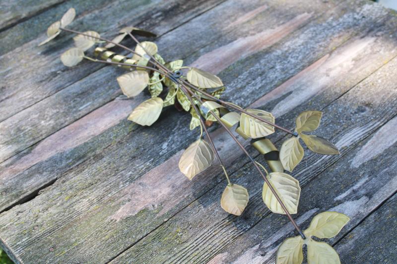 photo of vintage metal art wall hanging, golden brass rose leaf branches w/ copper roses #6