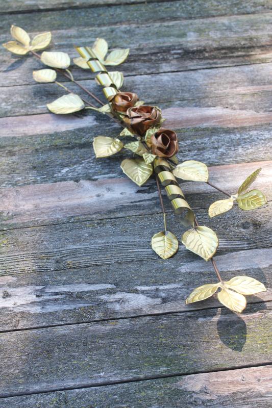 photo of vintage metal art wall hanging, golden brass rose leaf branches w/ copper roses #7