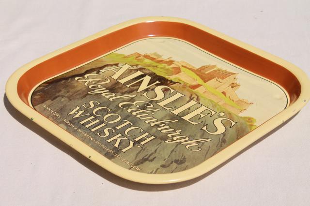 photo of vintage metal bar tray advertising Ainslie's Royal Edinburgh Scotch Whisky #2