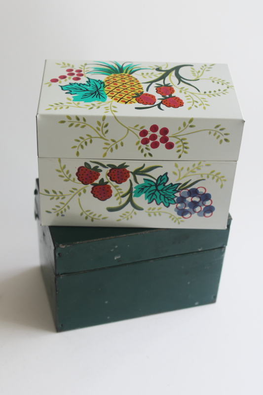 photo of vintage metal boxes for recipe cards, J Chein & Co recipes box, green card file box  #1