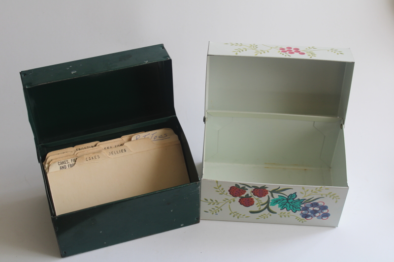 photo of vintage metal boxes for recipe cards, J Chein & Co recipes box, green card file box  #4