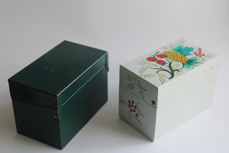 photo of vintage metal boxes for recipe cards, J Chein & Co recipes box, green card file box  #5