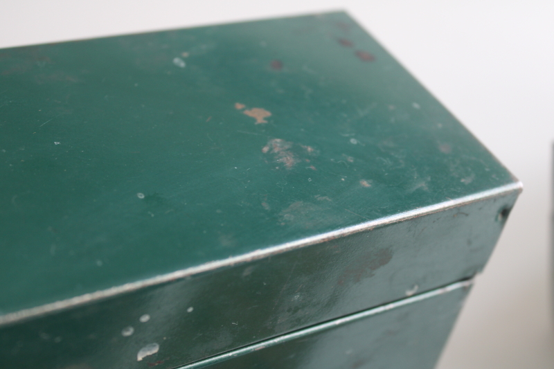 photo of vintage metal boxes for recipe cards, J Chein & Co recipes box, green card file box  #6