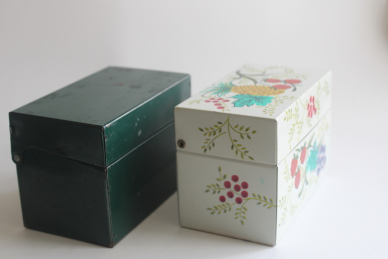 photo of vintage metal boxes for recipe cards, J Chein & Co recipes box, green card file box  #8