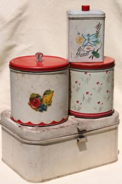 catalog photo of vintage metal bread box tin & kitchen canisters, retro fixer-uppers to paint or upcycle