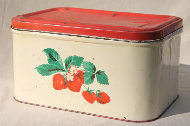 photo of vintage metal bread box tin, red strawberries print, strawberry kitchen ware #1