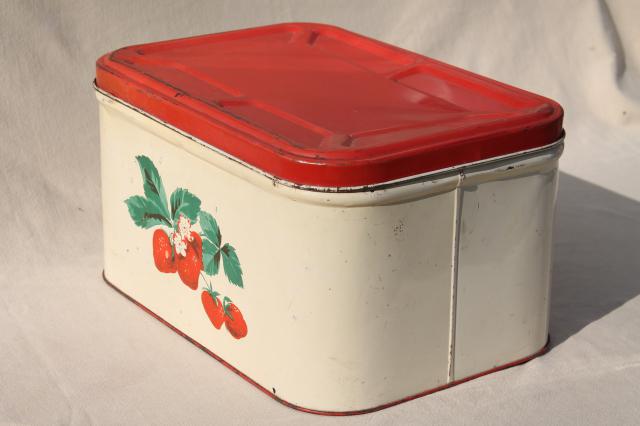 photo of vintage metal bread box tin, red strawberries print, strawberry kitchen ware #2