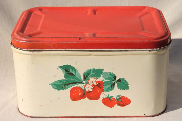 photo of vintage metal bread box tin, red strawberries print, strawberry kitchen ware #3