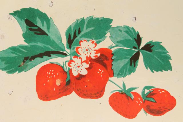 photo of vintage metal bread box tin, red strawberries print, strawberry kitchen ware #4