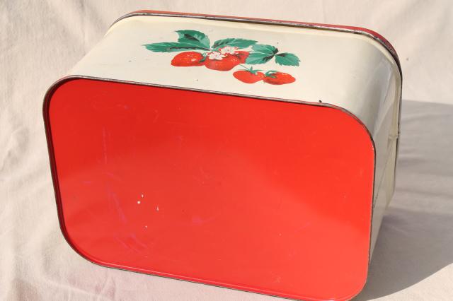 photo of vintage metal bread box tin, red strawberries print, strawberry kitchen ware #10