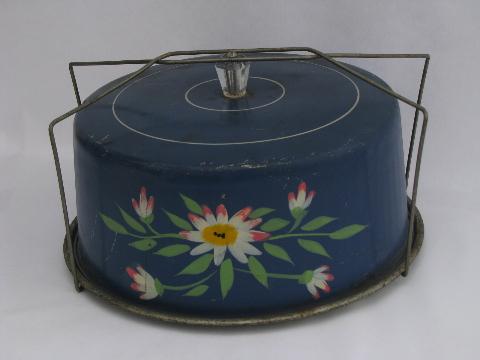 photo of vintage metal cake keeper /carrier, hand-painted cover w/ flowers #1