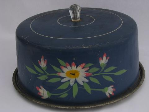 photo of vintage metal cake keeper /carrier, hand-painted cover w/ flowers #2