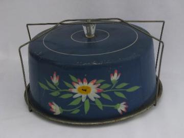 catalog photo of vintage metal cake keeper /carrier, hand-painted cover w/ flowers