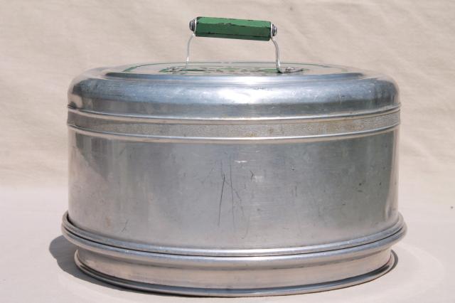 photo of vintage metal cake / pie keeper saver, cake plate w/ dome cover, jadite green handle #1