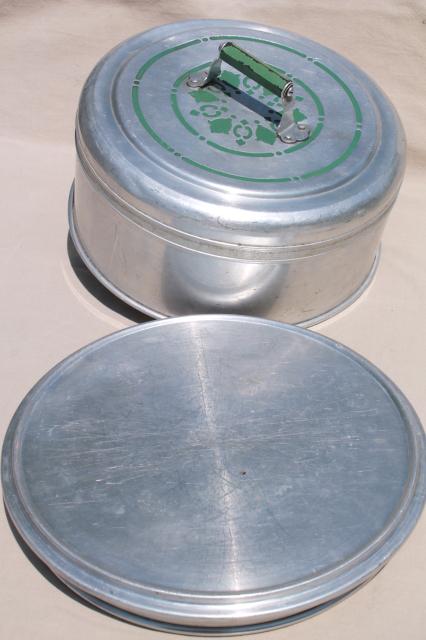 photo of vintage metal cake / pie keeper saver, cake plate w/ dome cover, jadite green handle #4