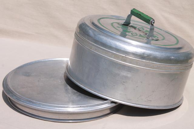 photo of vintage metal cake / pie keeper saver, cake plate w/ dome cover, jadite green handle #5