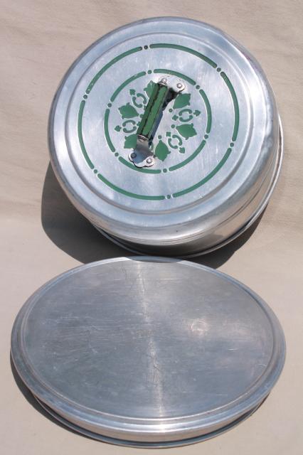 photo of vintage metal cake / pie keeper saver, cake plate w/ dome cover, jadite green handle #6