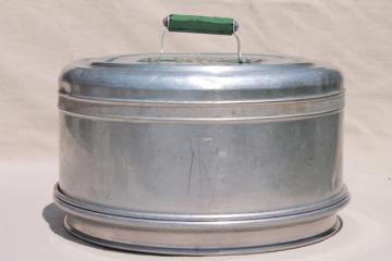 catalog photo of vintage metal cake / pie keeper saver, cake plate w/ dome cover, jadite green handle