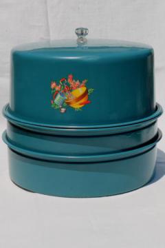 catalog photo of vintage metal cake saver plate & cover, stacking cake & pie keeper w/ cute decal