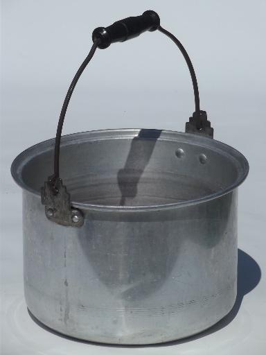 photo of vintage metal camping kettle, large aluminum pot w/ wooden bucket handle  #1