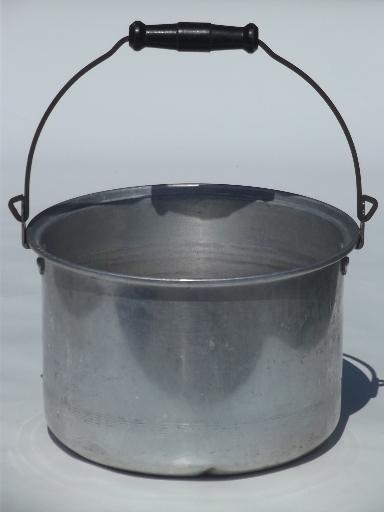 photo of vintage metal camping kettle, large aluminum pot w/ wooden bucket handle  #2