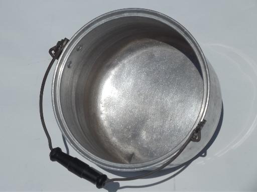 photo of vintage metal camping kettle, large aluminum pot w/ wooden bucket handle  #4