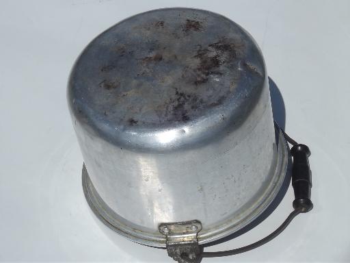 photo of vintage metal camping kettle, large aluminum pot w/ wooden bucket handle  #5