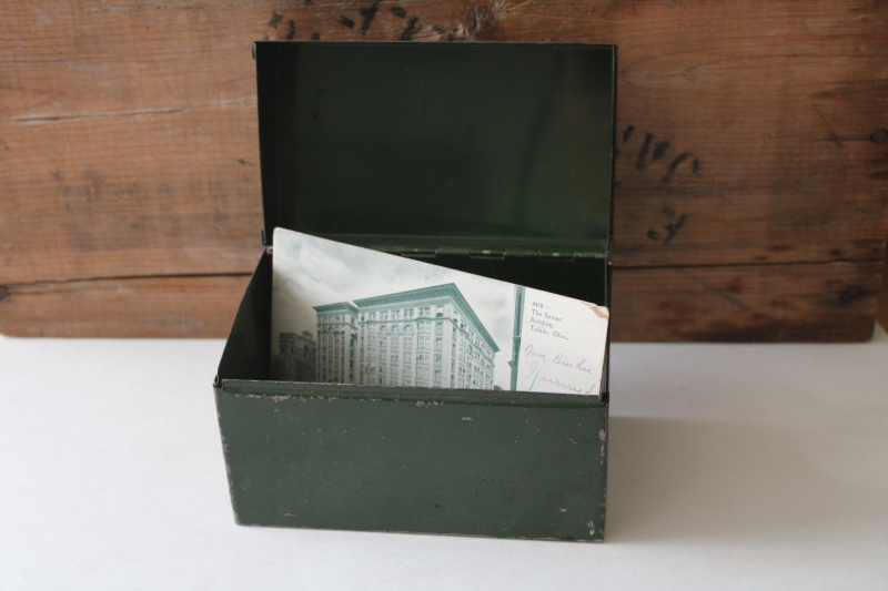 photo of vintage metal card file box w/ original green finish, industrial minimalist mid century modern  #5