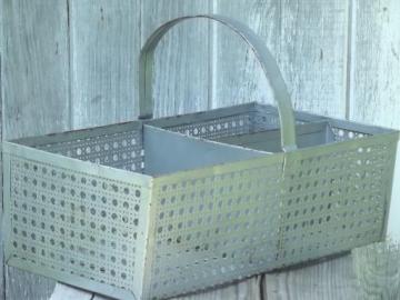 catalog photo of vintage metal carrier tote basket w/ old galvanized silver paint