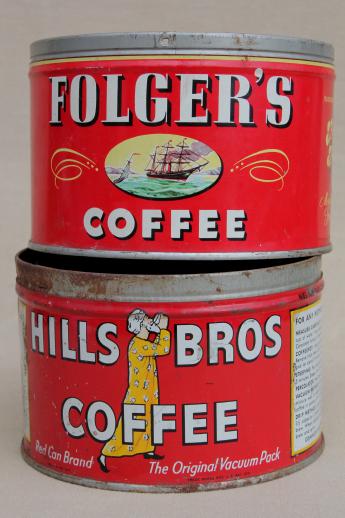 photo of vintage metal coffee can lot, old litho print advertising tins Hills Bros & Folgers #1