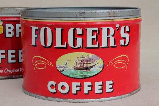 photo of vintage metal coffee can lot, old litho print advertising tins Hills Bros & Folgers #2