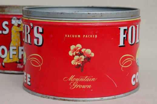 photo of vintage metal coffee can lot, old litho print advertising tins Hills Bros & Folgers #3