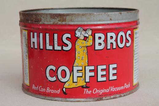 photo of vintage metal coffee can lot, old litho print advertising tins Hills Bros & Folgers #4