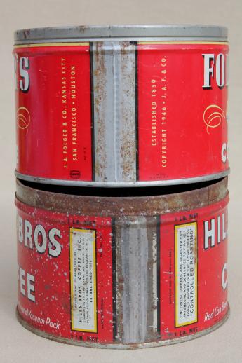 photo of vintage metal coffee can lot, old litho print advertising tins Hills Bros & Folgers #6