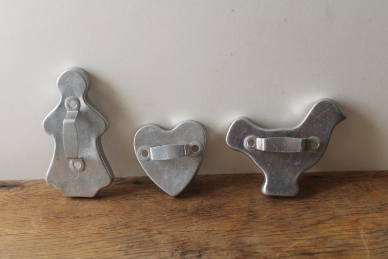 photo of vintage metal cookie cutters, girl loves chickens gingerbread lady, heart, hen  #1