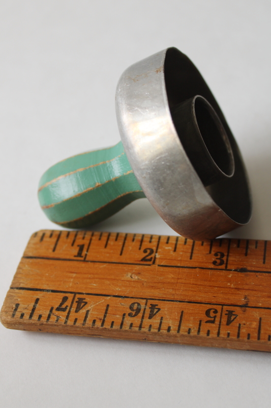 photo of vintage metal doughnut cutter w/ worn old jade green painted wood handle, 1930s or 40s  #3