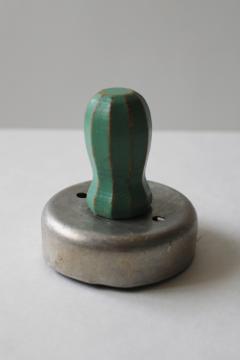vintage metal doughnut cutter w/ worn old jade green painted wood handle, 1930s or 40s 