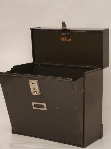 photo of vintage metal file box, mid-century machine age locking office file / cash box #5